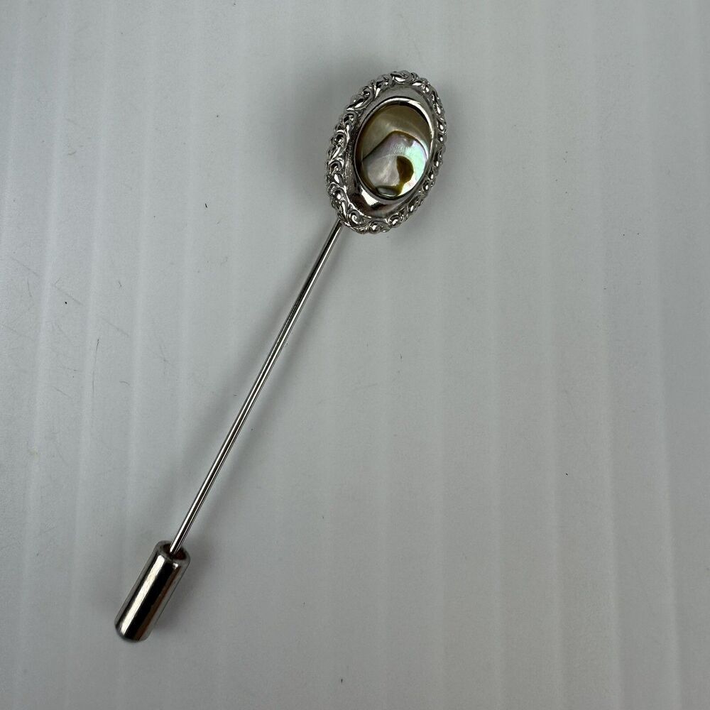 Vintage Abalone Shell Stick Pin Silver Tone Oval Lapel Hat Pin Classic